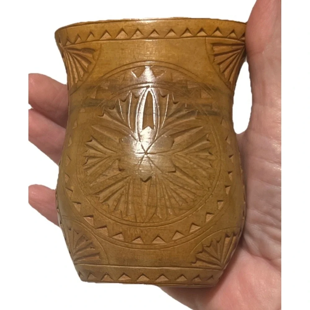 antique balkan yugoslavia vase wood engraved flowers . home decor